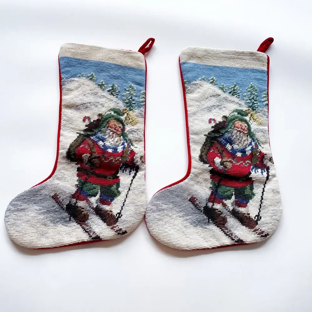 Vintage Needlepoint Christmas Stockings Skiing Santa Set of Two
